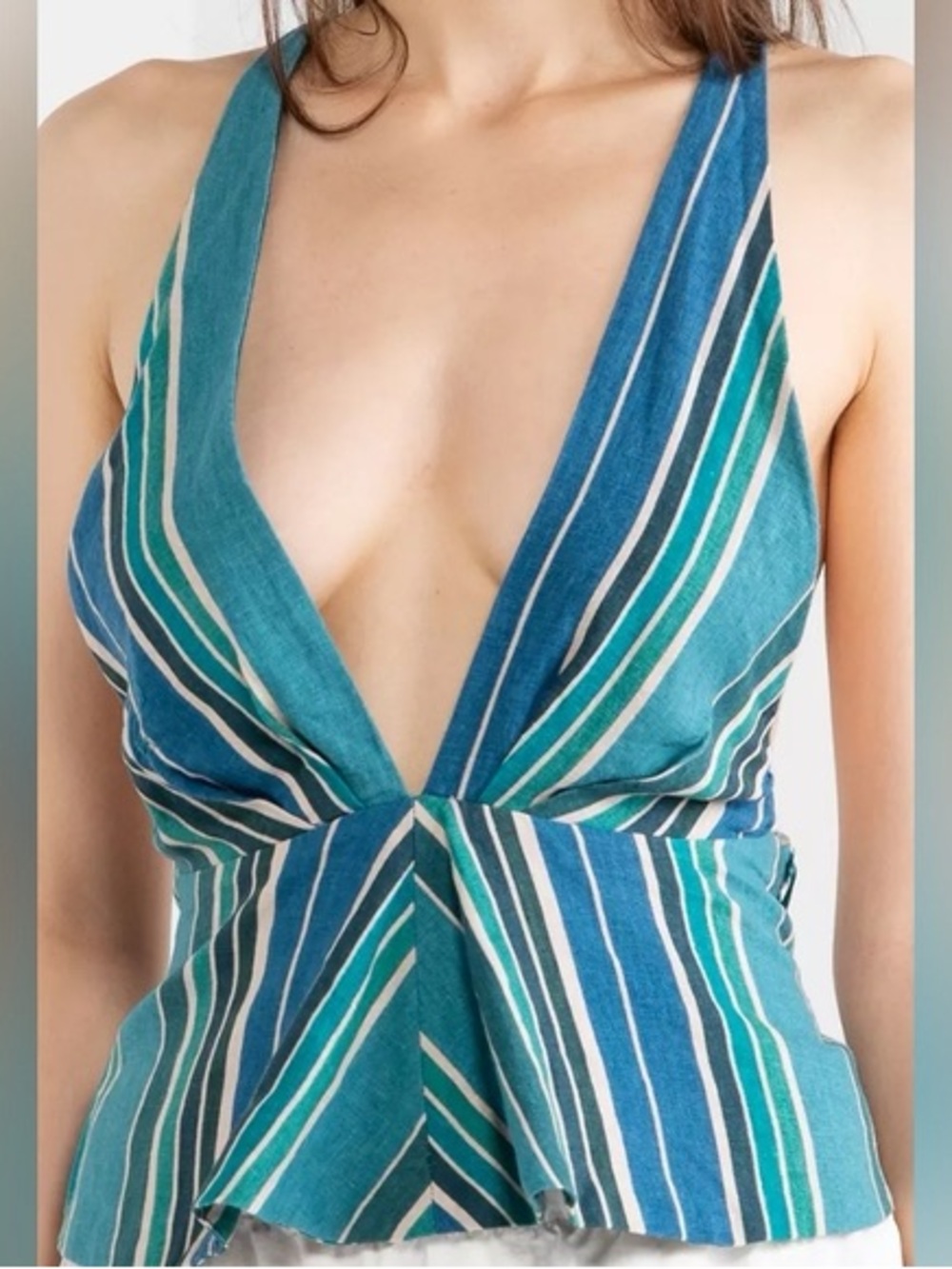 ZARA Striped Teal Deep V Tank Top